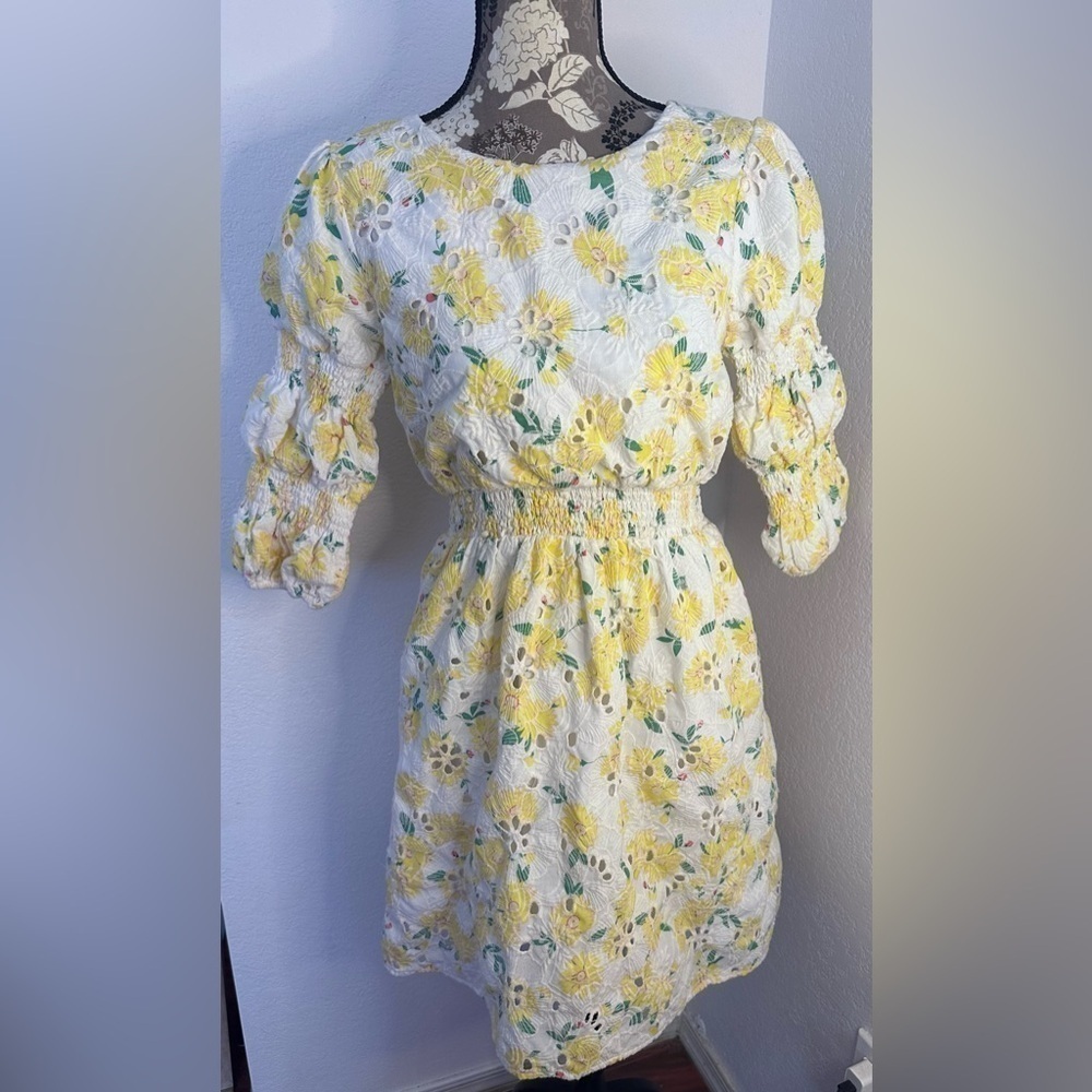 Salt Summer eyelet Ruched Waist & Sleeve Midi Dress white & yellow - Sm